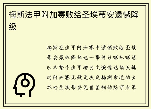 梅斯法甲附加赛败给圣埃蒂安遗憾降级